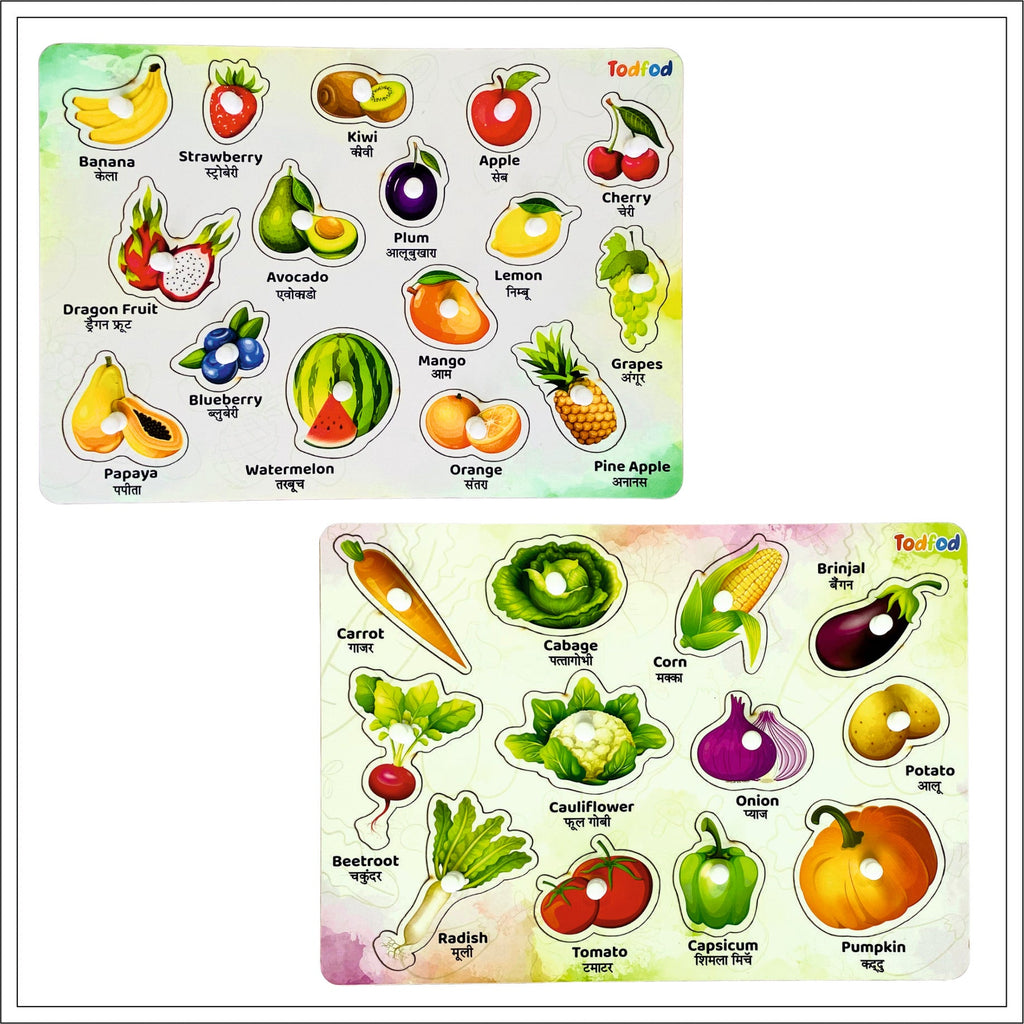 Fruit and Vegetable Characters Wooden Knob & Pegged Puzzle for Kids
