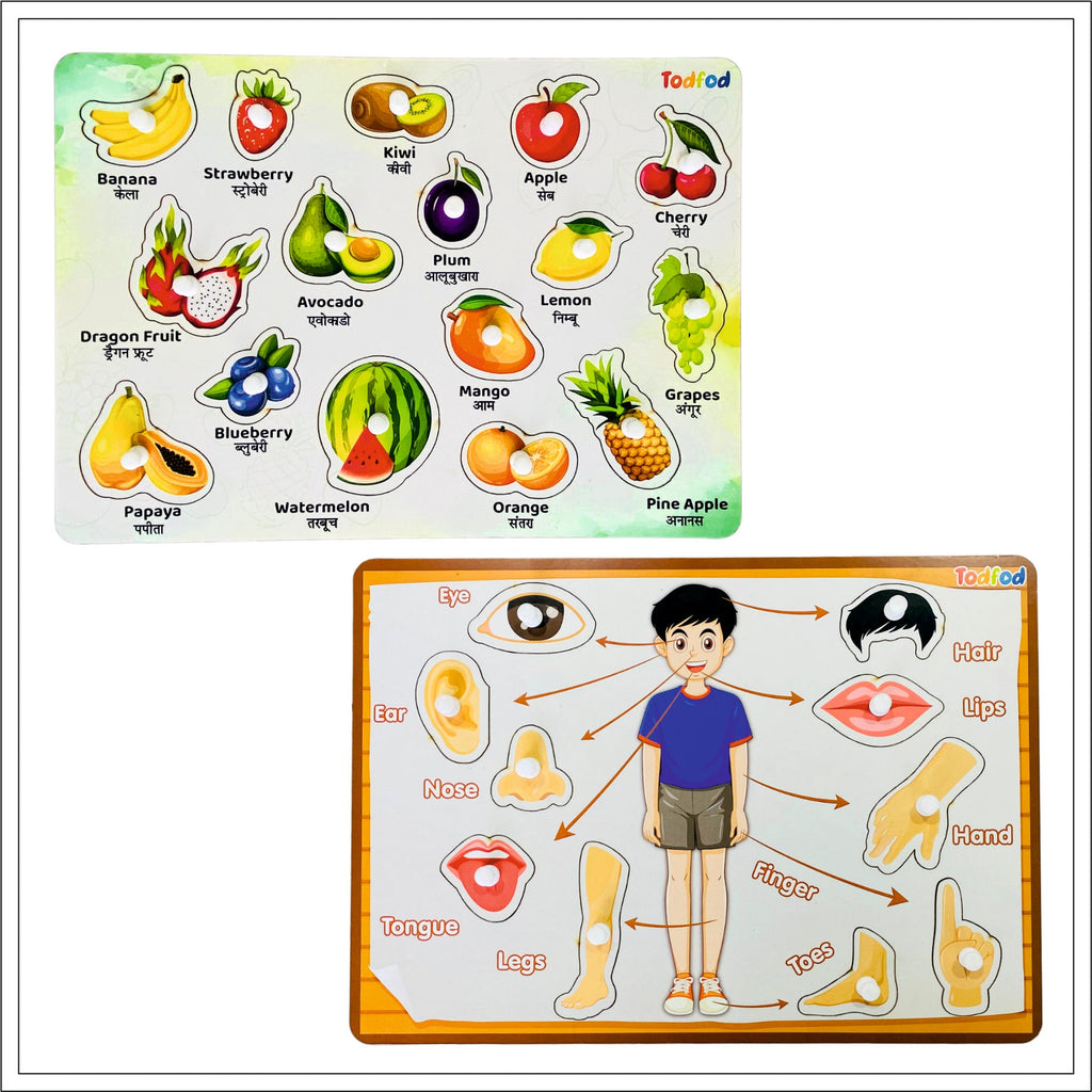 Fruit and Body Parts Wooden Knob & Pegged Puzzle for Kids