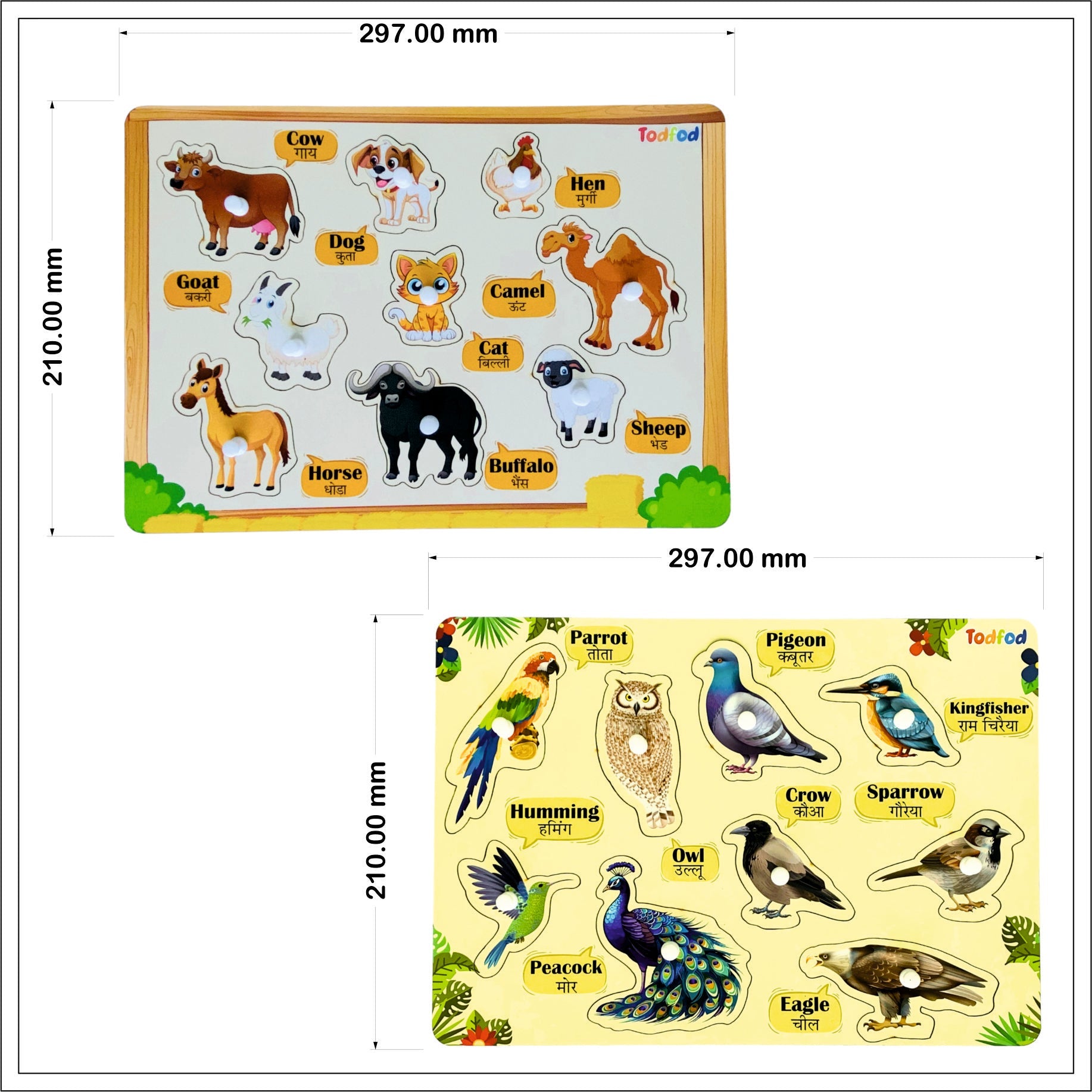 Pet Animals and Birds Wooden Knob & Pegged Puzzle for Kids