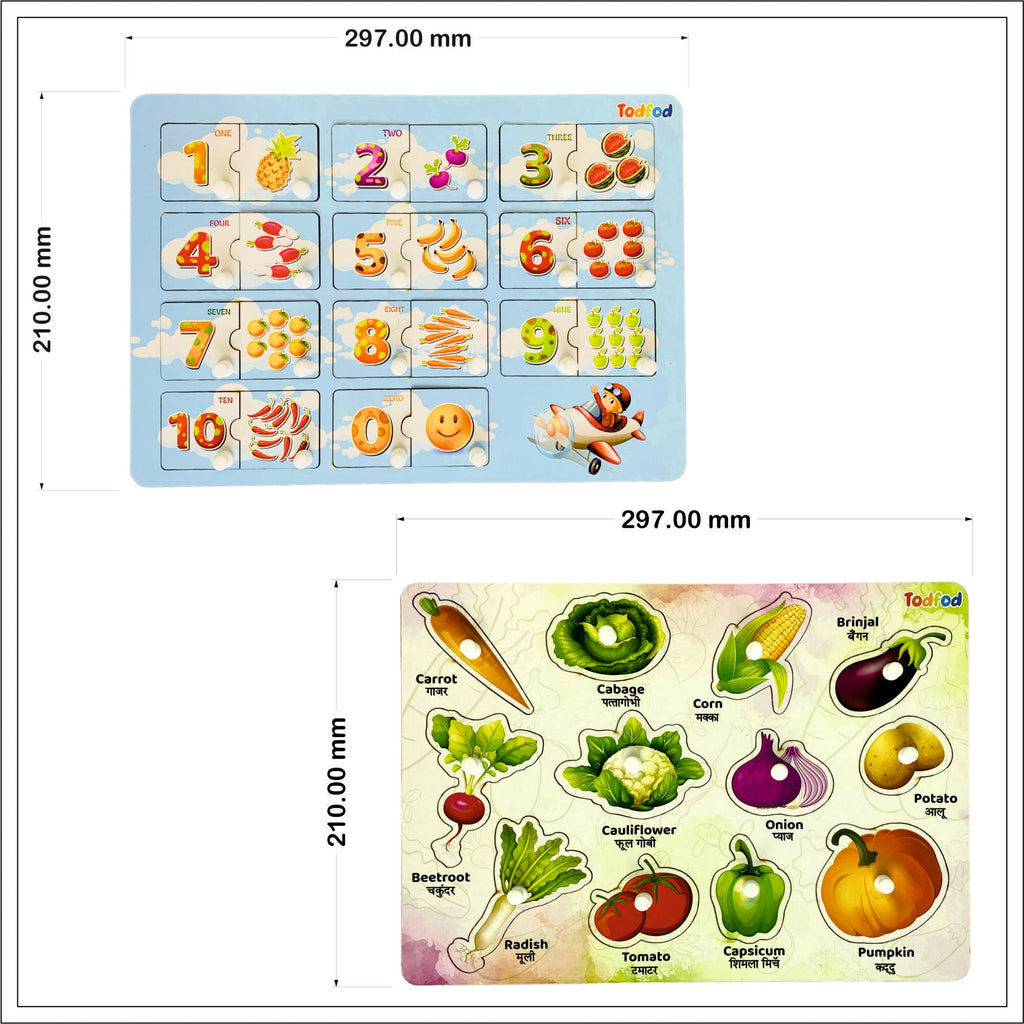 English Numbers & Vegetables Wooden Knob & Pegged Puzzle