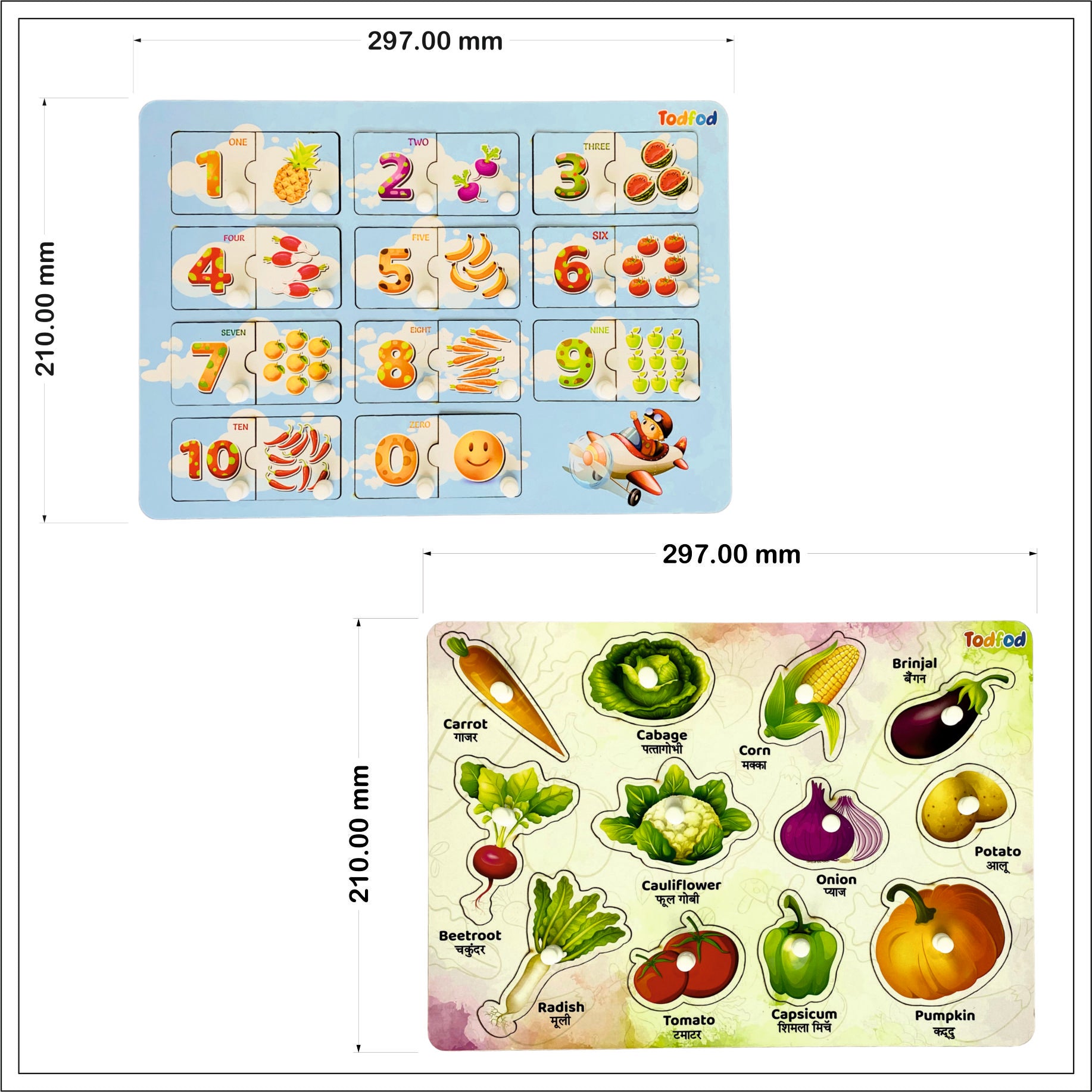 English Numbers & Vegetables Wooden Knob & Pegged Puzzle