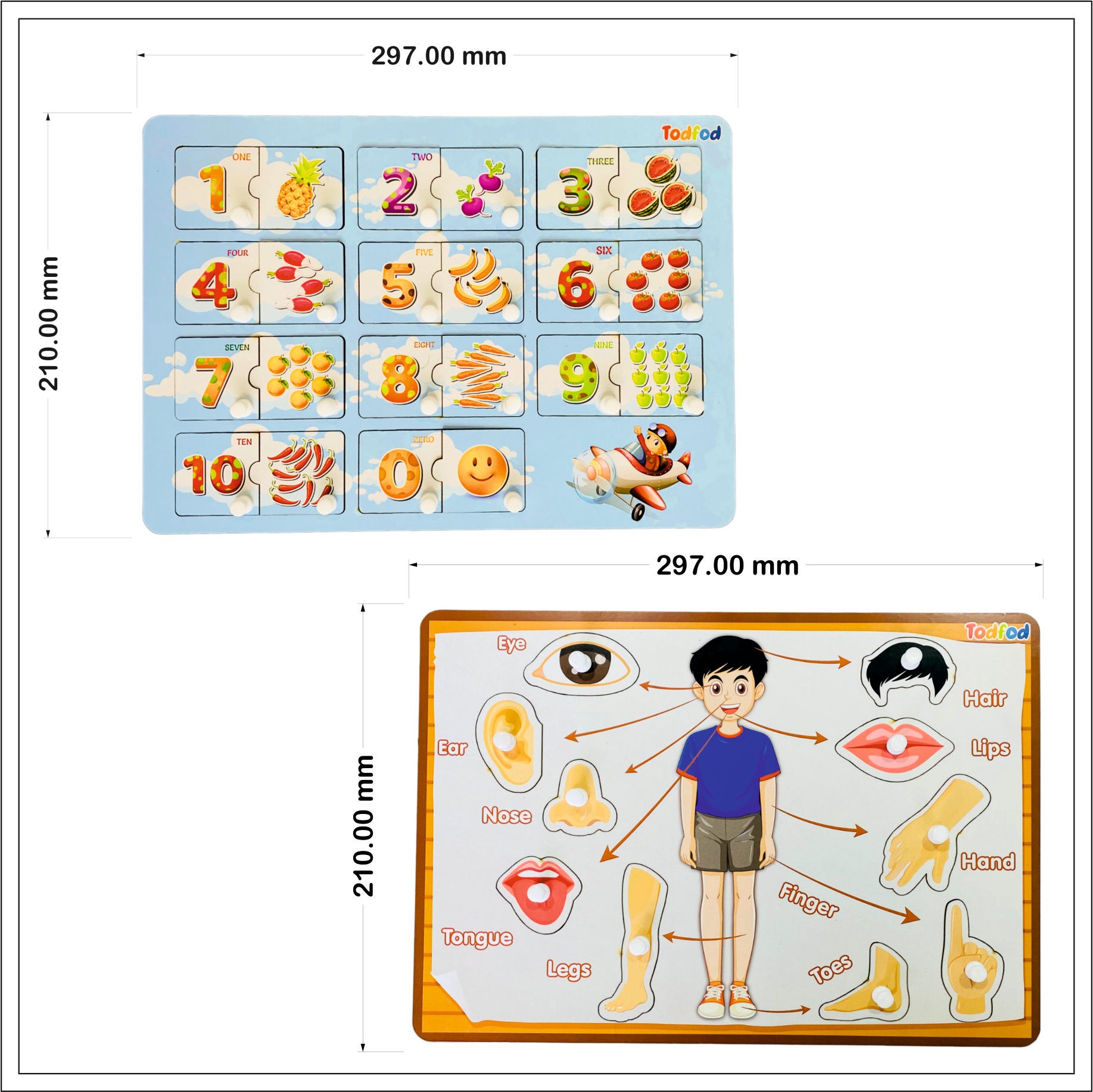 English Numbers & Body Parts Wooden Knob & Pegged Puzzle for Kids