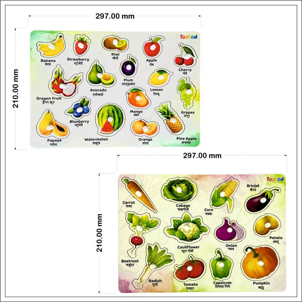 Fruit and Vegetable Characters Wooden Knob & Pegged Puzzle for Kids