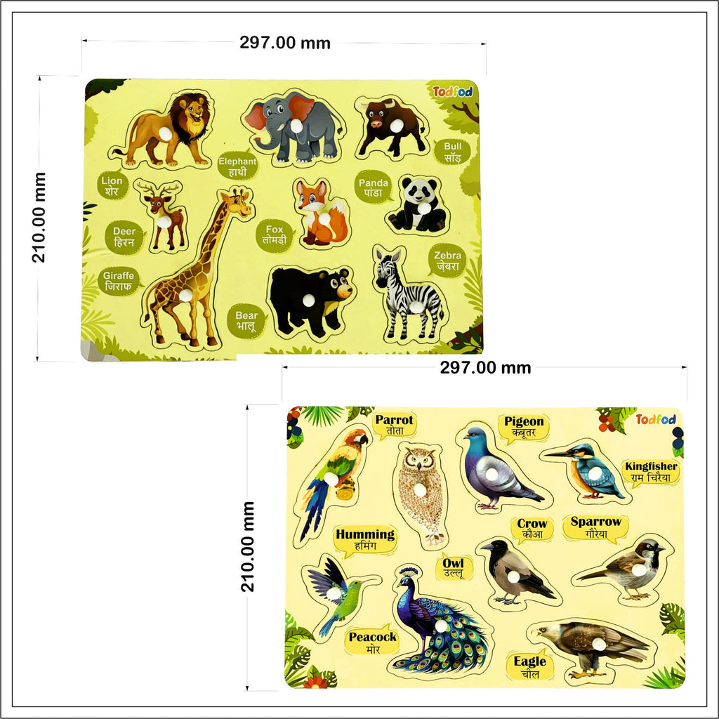 Wild Animals and Birds Wooden Knob & Pegged Puzzle for Kids
