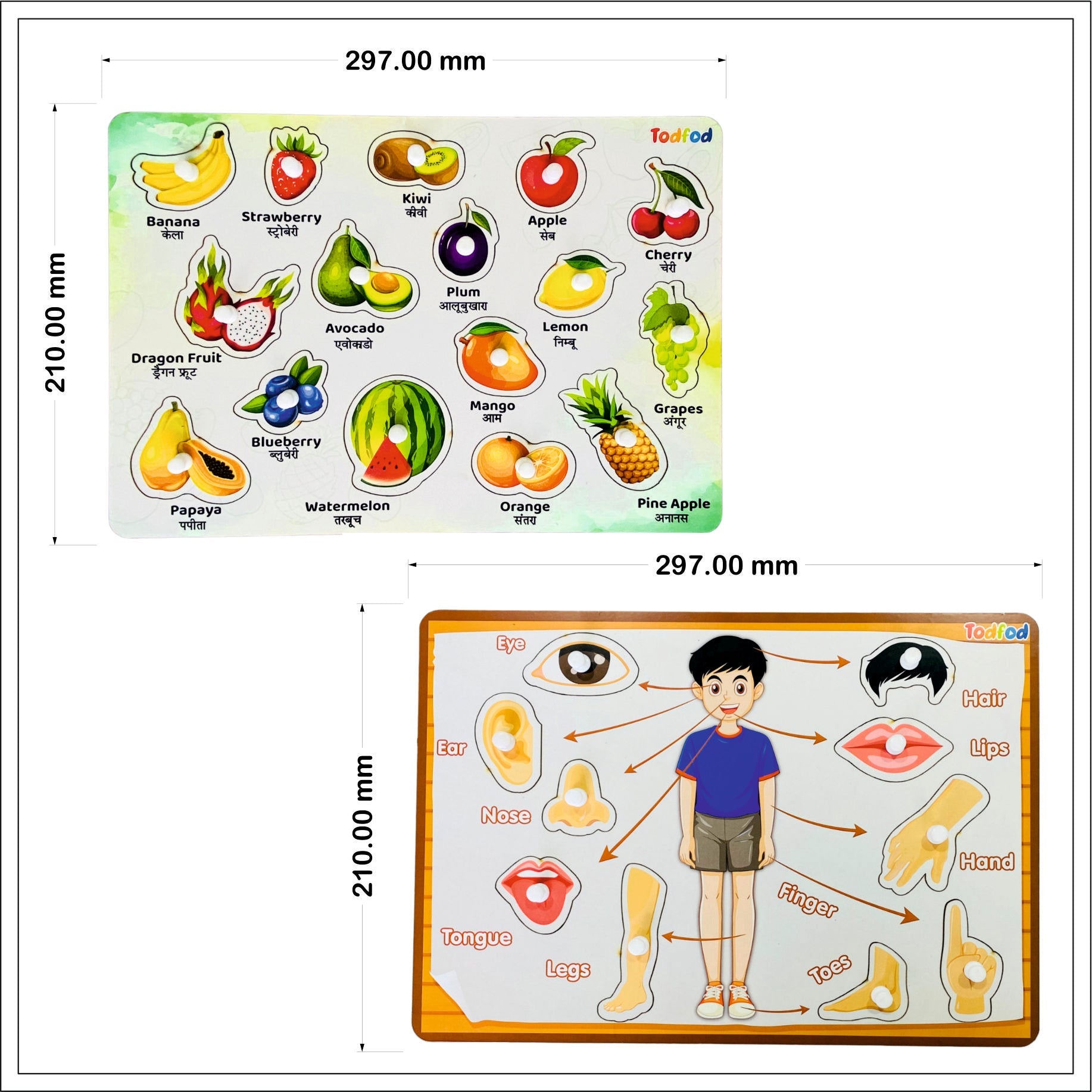Fruit and Body Parts Wooden Knob & Pegged Puzzle for Kids
