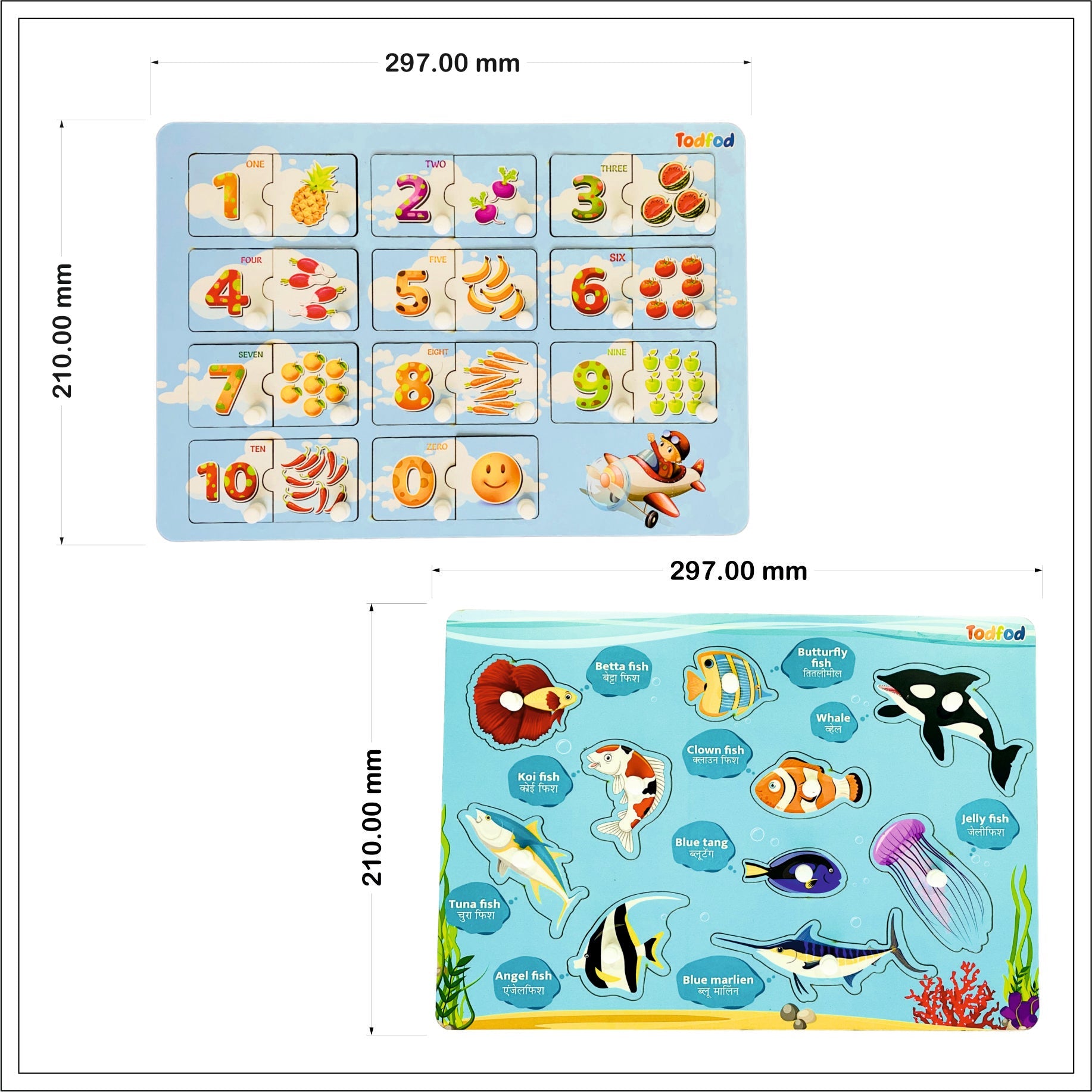 English Numbers & Fish Characters Knob & Pegged Puzzle for Kids