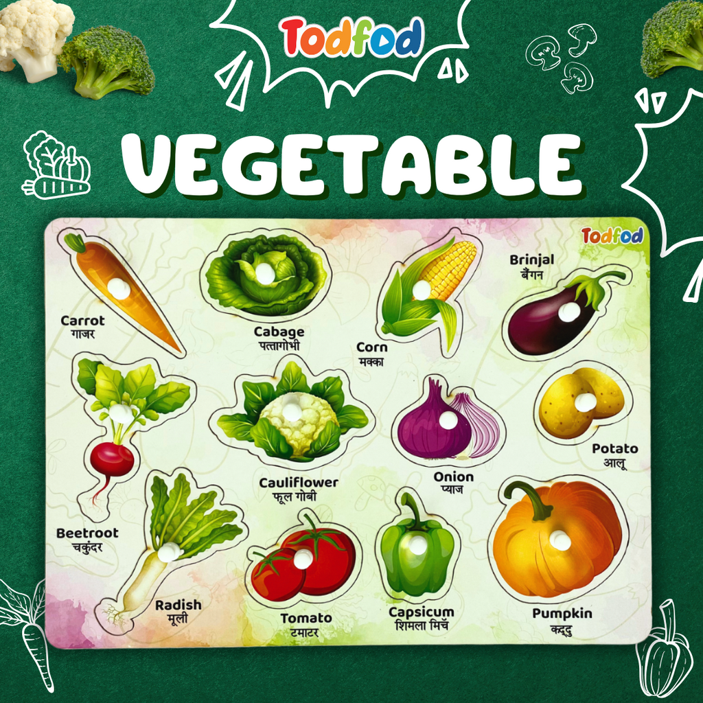 Veggie & Vehicle Wooden Knob & Pegged Puzzles for Kids