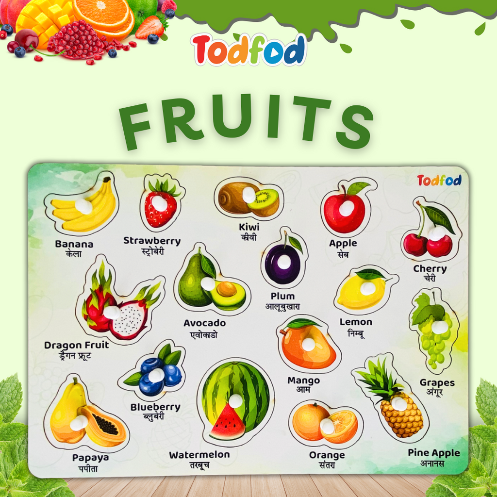 Fruit and Vegetable Characters Wooden Knob & Pegged Puzzle for Kids