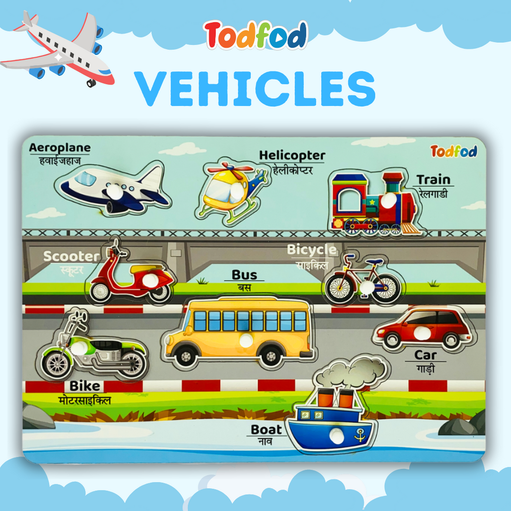 Vehicle Shapes Wooden Knob & Pegged Puzzle for Kids