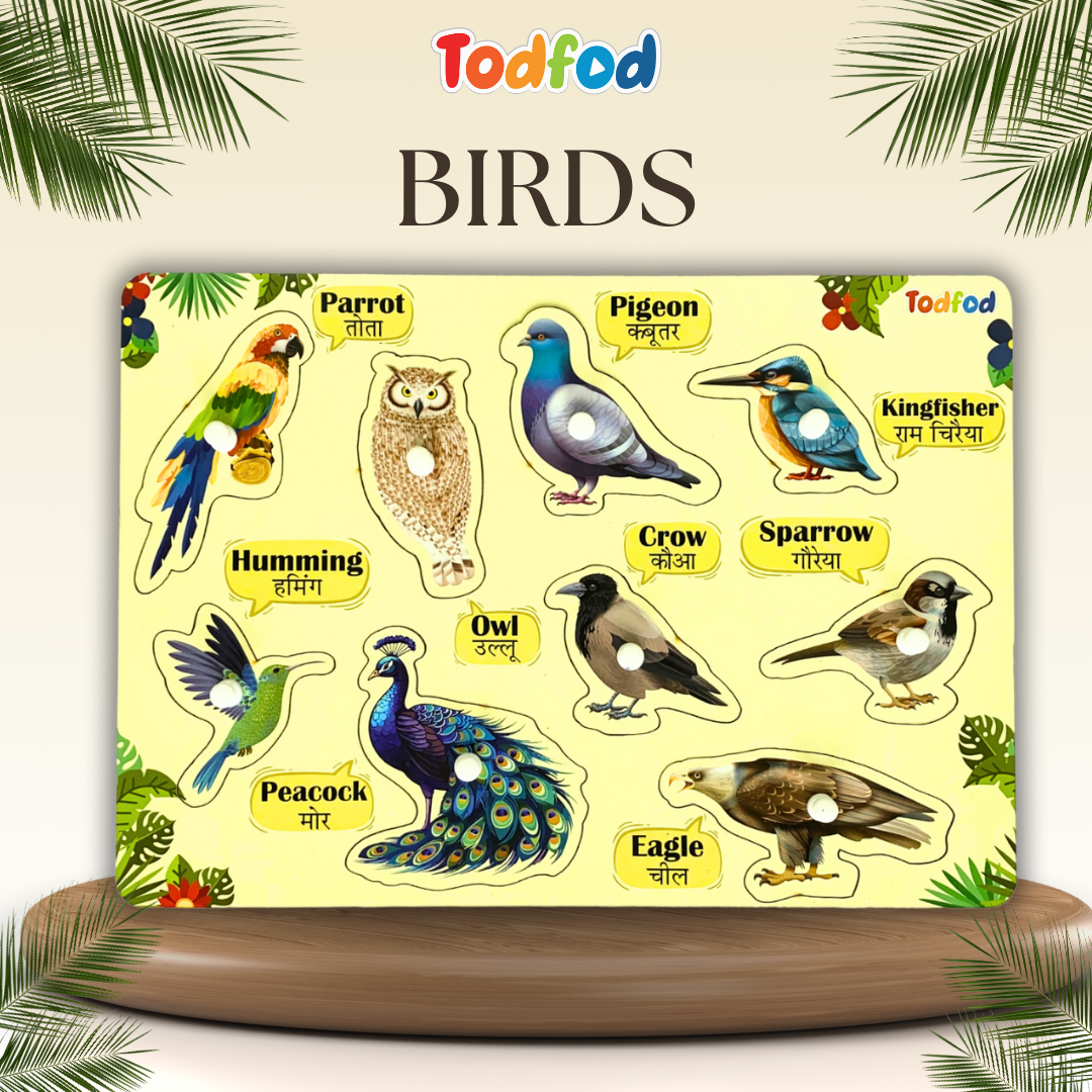 Pet Animals and Birds Wooden Knob & Pegged Puzzle for Kids