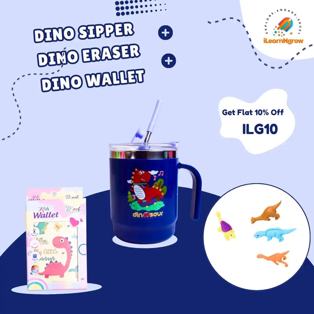 Dino Adventure Bundle for Kids – Sipper Bottle, Eraser & Wallet | Dinosaur-Themed Gift Set