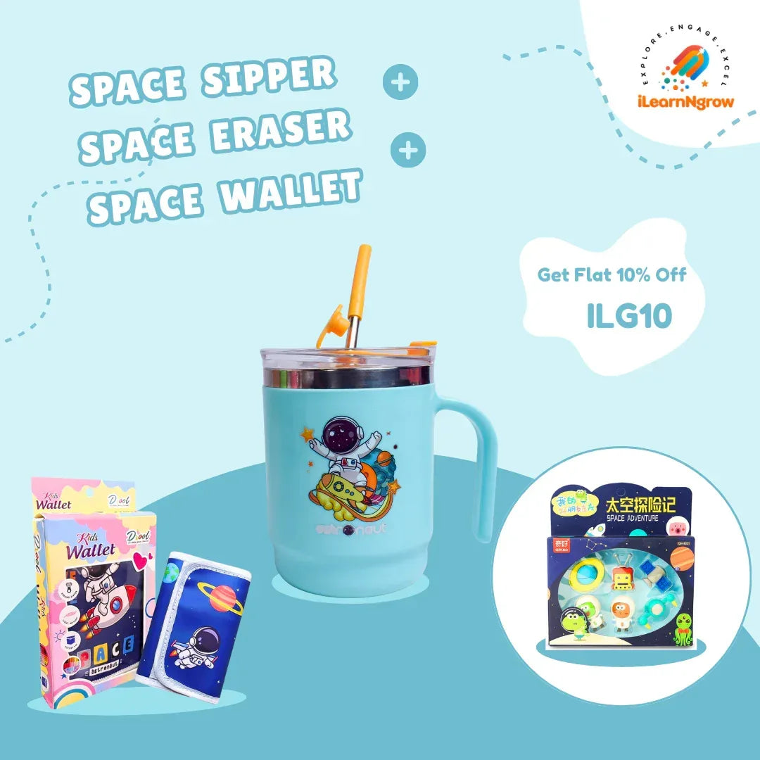 Space Adventure Bundle for Kids – Sipper Bottle, Eraser & Wallet | Fun Space-Themed Gift Set